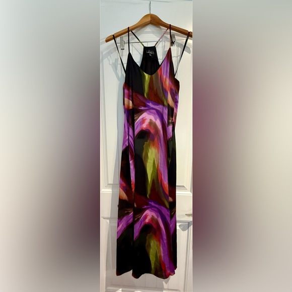 🎨 Abstract Maxi satin slip dress straps pockets NWOT bra long full Small racer - Picture 3 of 8